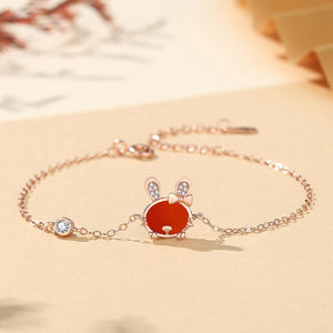 925 Sterling Silver Plated Rose Gold Simple Sweet Rabbit Red Imitation Agate Bracelet with Cubic Zirconia