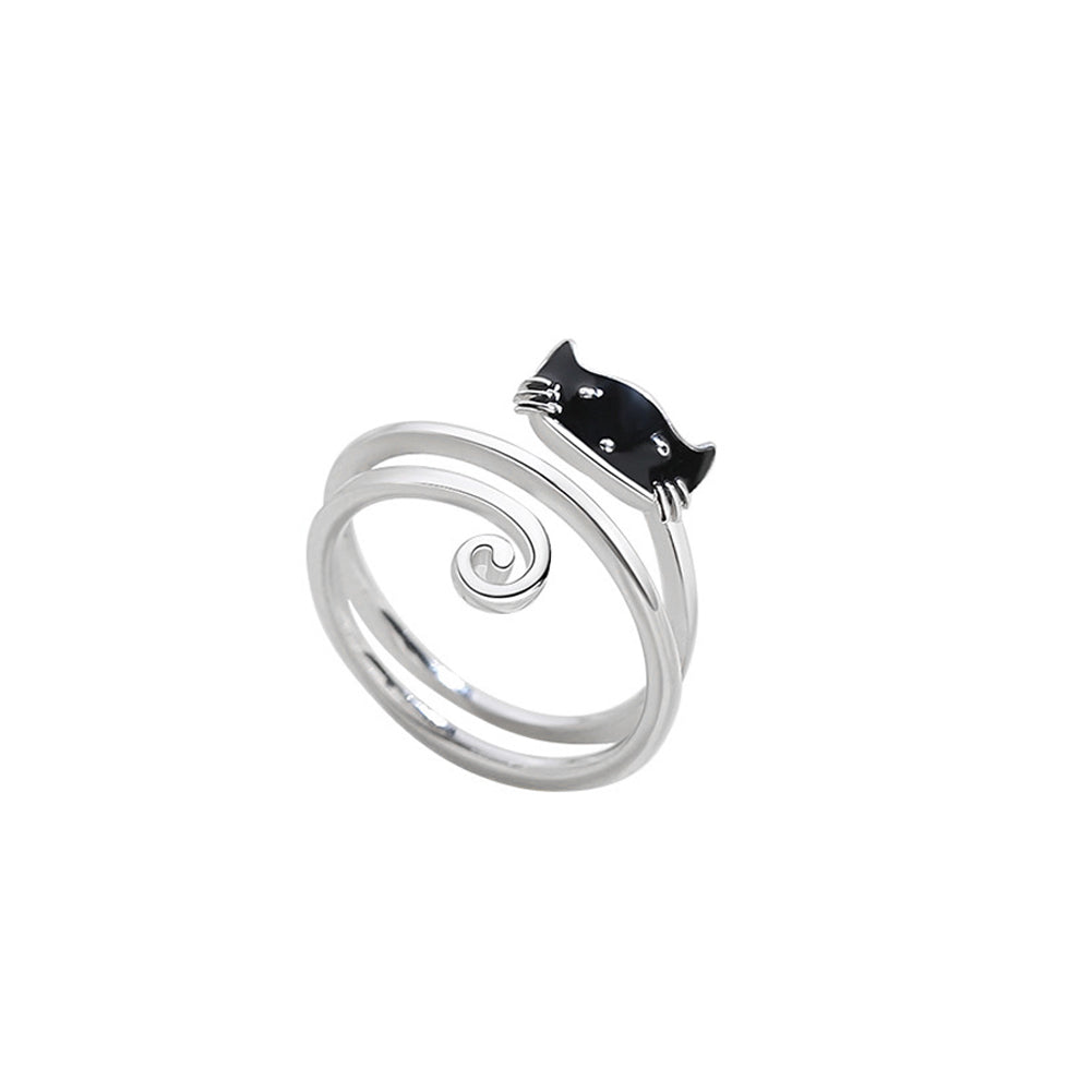 925 Sterling Silver Simple and Cute Black Cat Capuchin Adjustable Open Ring