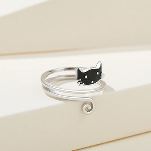 925 Sterling Silver Simple and Cute Black Cat Capuchin Adjustable Open Ring