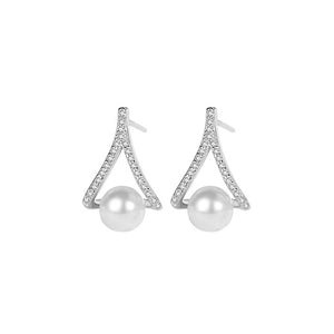 925 Sterling Silver Simple Temperament A Word Geometric Imitation Pearl Stud Earrings with Cubic Zirconia