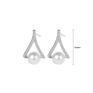 925 Sterling Silver Simple Temperament A Word Geometric Imitation Pearl Stud Earrings with Cubic Zirconia