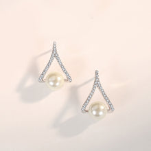 Load image into Gallery viewer, 925 Sterling Silver Simple Temperament A Word Geometric Imitation Pearl Stud Earrings with Cubic Zirconia