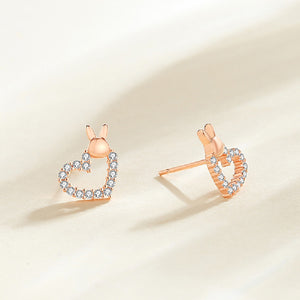 925 Sterling Silver Plated Rose Gold Simple Cute Rabbit Hollow Heart Stud Earrings with Cubic Zirconia