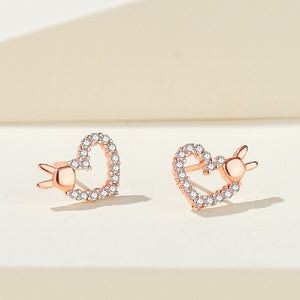 925 Sterling Silver Plated Rose Gold Simple Cute Rabbit Hollow Heart Stud Earrings with Cubic Zirconia