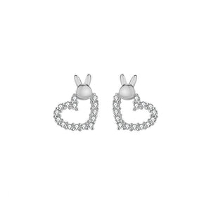 925 Sterling Silver Simple Cute Rabbit Hollow Heart Stud Earrings with Cubic Zirconia