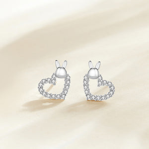 925 Sterling Silver Simple Cute Rabbit Hollow Heart Stud Earrings with Cubic Zirconia