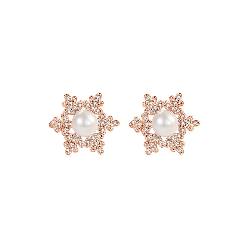 925 Sterling Silver Plated Rose Gold Fashion Temperament Snowflake Imitation Pearl Stud Earrings with Cubic Zirconia