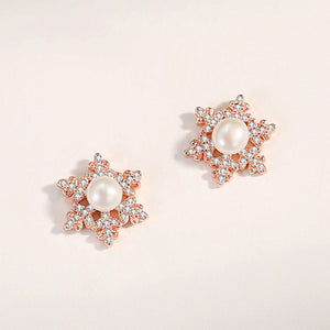 925 Sterling Silver Plated Rose Gold Fashion Temperament Snowflake Imitation Pearl Stud Earrings with Cubic Zirconia