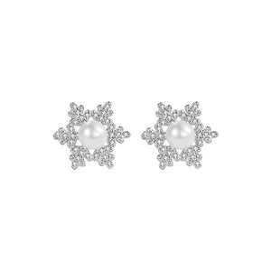 925 Sterling Silver Fashion Temperament Snowflake Imitation Pearl Stud Earrings with Cubic Zirconia
