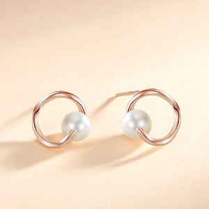 925 Sterling Silver Plated Rose Gold Simple Personality Geometric Circle Imitation Pearl Stud Earrings