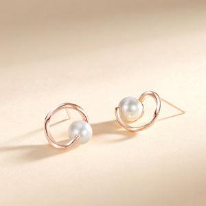 925 Sterling Silver Plated Rose Gold Simple Personality Geometric Circle Imitation Pearl Stud Earrings