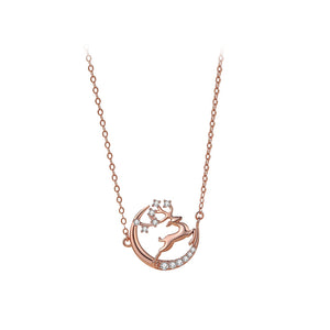 925 Sterling Silver Plated Rose Gold Fashion Temperament Elk Moon Pendant with Cubic Zirconia and Necklace