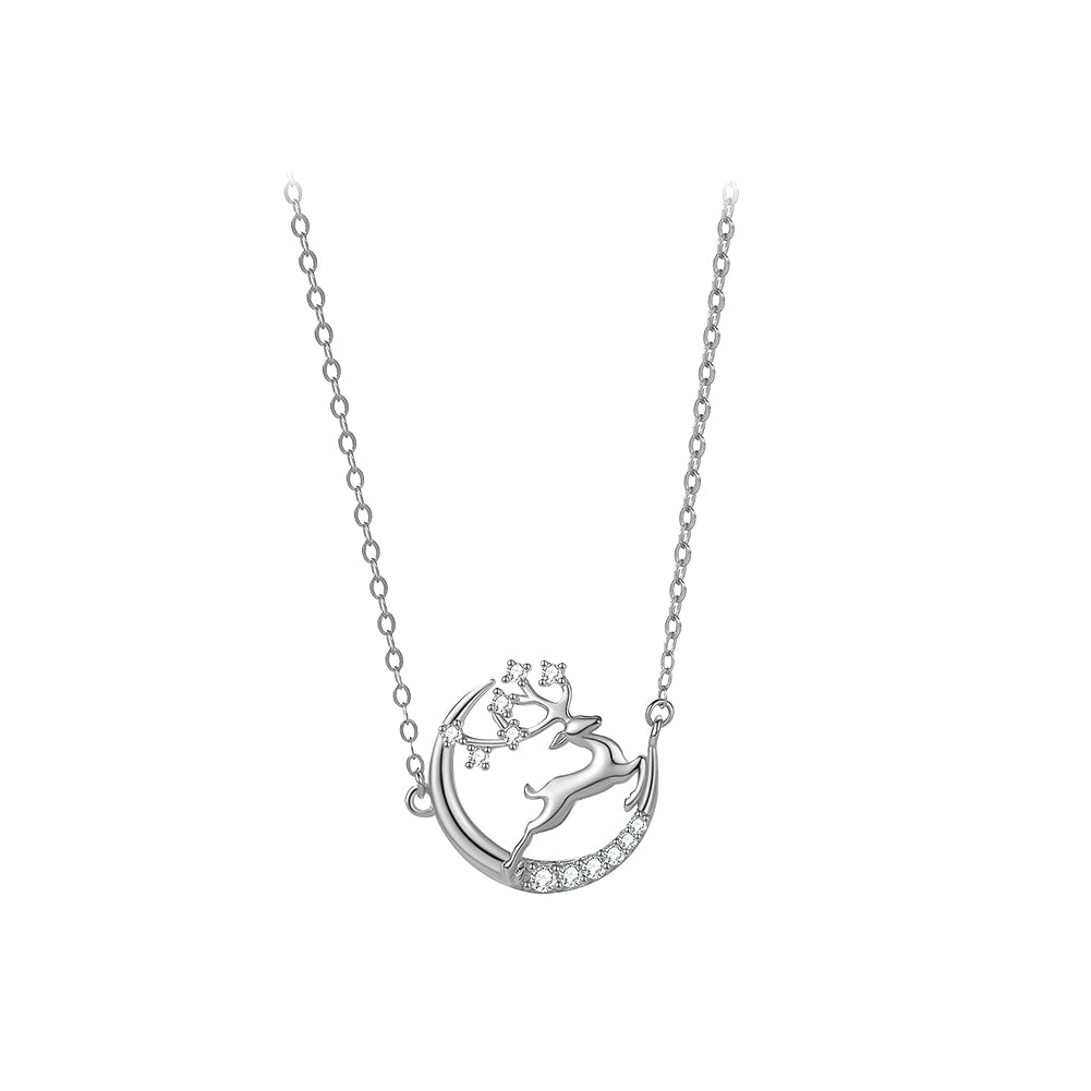 925 Sterling Silver Fashion Temperament Elk Moon Pendant with Cubic Zirconia and Necklace