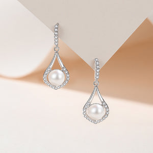 925 Sterling Silver Simple Temperament Water Drop Shape Geometric Imitation Pearl Earrings with Cubic Zirconia