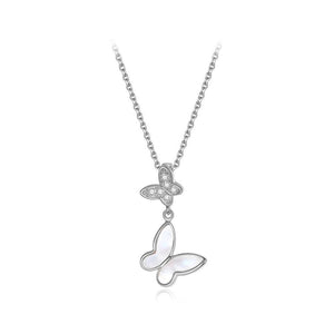 925 Sterling Silver Fashion Double Butterfly Mother-of-pearl Pendant with Cubic Zirconia and Necklace