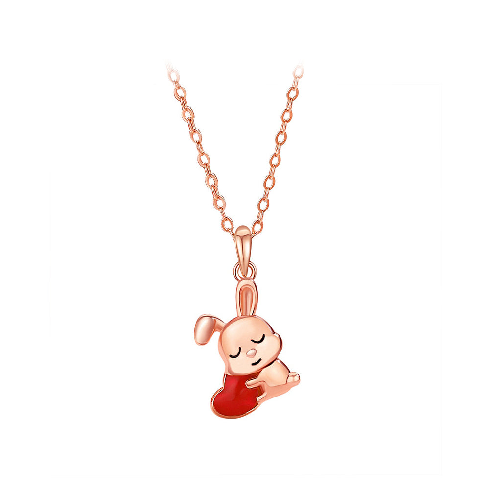 925 Sterling Silver Plated Rose Gold Simple Cute Rabbit Heart Shape Pendant with Necklace