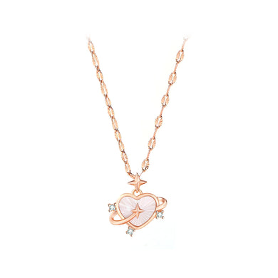 925 Sterling Silver Plated Rose Gold Simple Romantic Star Heart Mother-of-Pearl Pendant with Cubic Zirconia and Necklace
