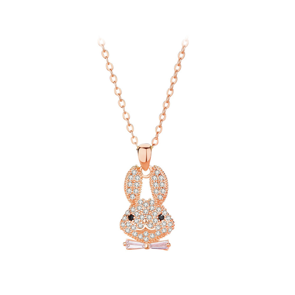 925 Sterling Silver Plated Rose Gold Fashion Brilliant Rabbit Pendant with Cubic Zirconia and Necklace