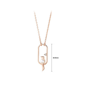 925 Sterling Silver Plated Rose Gold Fashion Creative Bird Imitation Pearl Geometric Pendant with Necklace