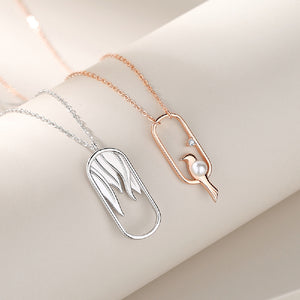 925 Sterling Silver Plated Rose Gold Fashion Creative Bird Imitation Pearl Geometric Pendant with Necklace