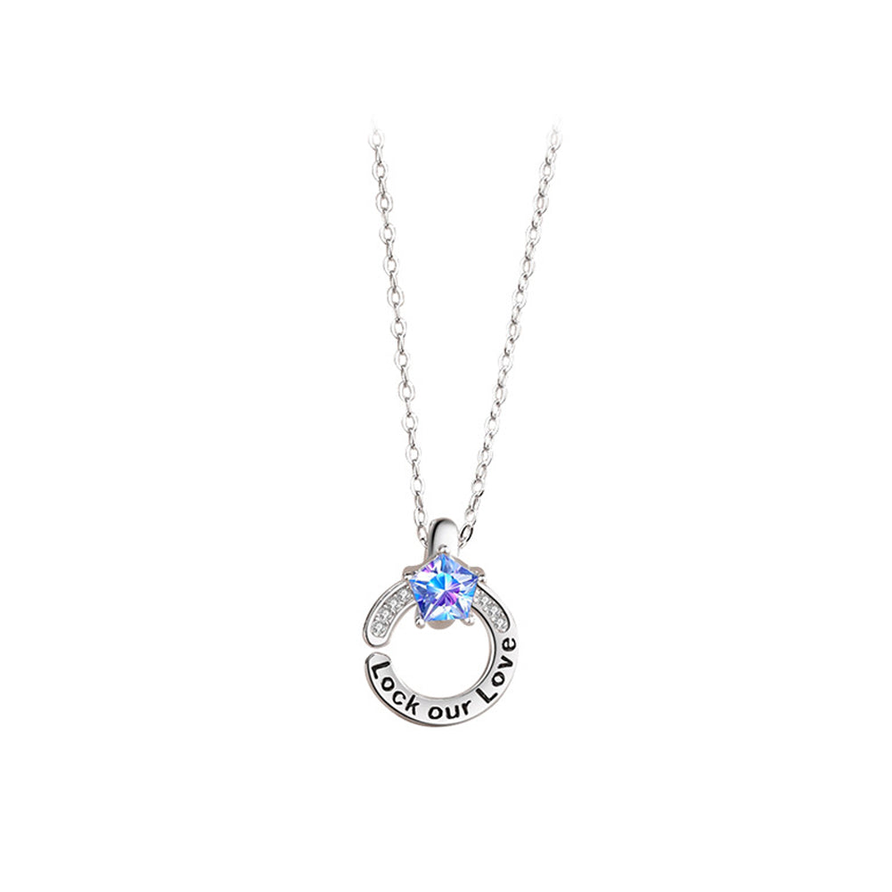 925 Sterling Silver Simple Romantic Couple Star Geometric Circle Pendant with Cubic Zirconia and Necklace
