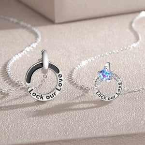 925 Sterling Silver Simple Romantic Couple Star Geometric Circle Pendant with Cubic Zirconia and Necklace