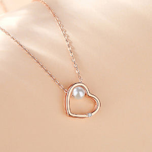 925 Sterling Silver Plated Rose Gold Simple Fashion Hollow Heart Shape Imitation Pearl Pendant with Necklace
