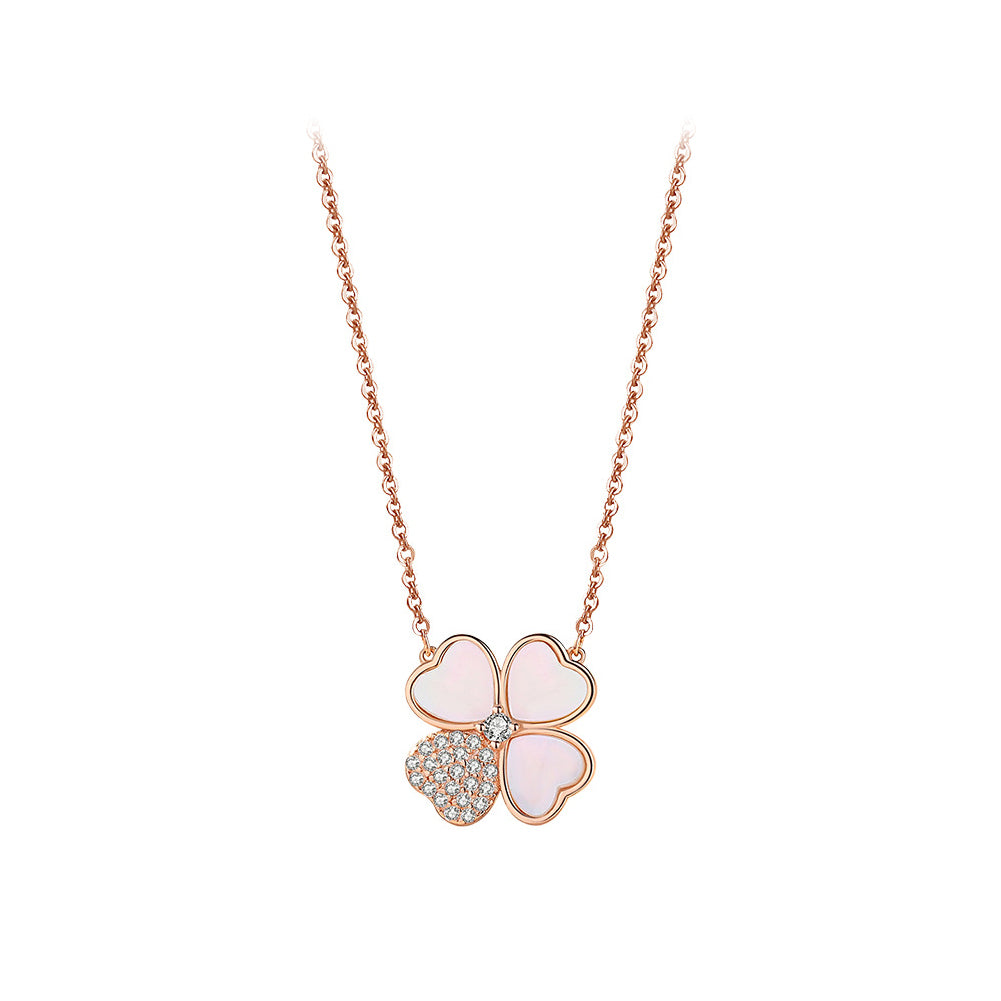 925 Sterling Silver Plated Rose Gold Simple and Fashion Four-leafed Clover Mother-of-pearl Pendant with Cubic Zirconia and Necklace