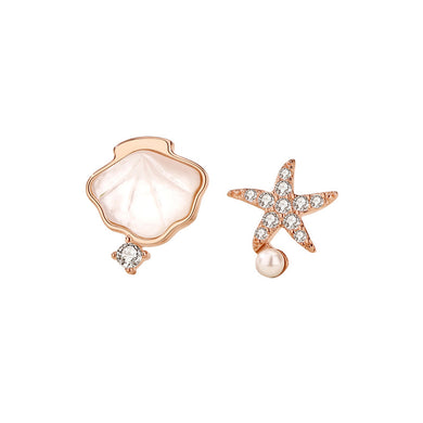 925 Sterling Silver Plated Rose Gold Fashion Simple Shell Starfish Imitation Pearl Asymmetric Stud Earrings with Cubic Zirconia