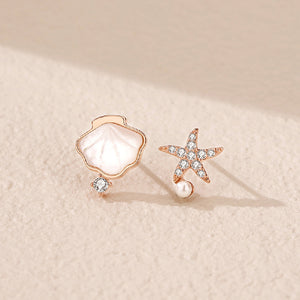 925 Sterling Silver Plated Rose Gold Fashion Simple Shell Starfish Imitation Pearl Asymmetric Stud Earrings with Cubic Zirconia