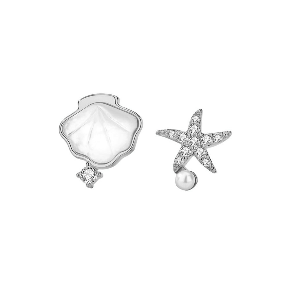 925 Sterling Silver Fashion Simple Shell Starfish Imitation Pearl Asymmetric Stud Earrings with Cubic Zirconia
