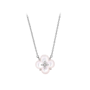 925 Sterling Silver Fashion Simple Four-leafed Clover Mother-of-Pearl Pendant with Cubic Zirconia and Necklace