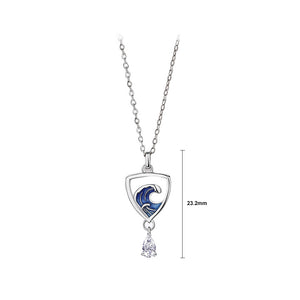 925 Sterling Silver Fashion Temperament Enamel Sea Wave Hollow Geometric Pendant with Cubic Zirconia and Necklace