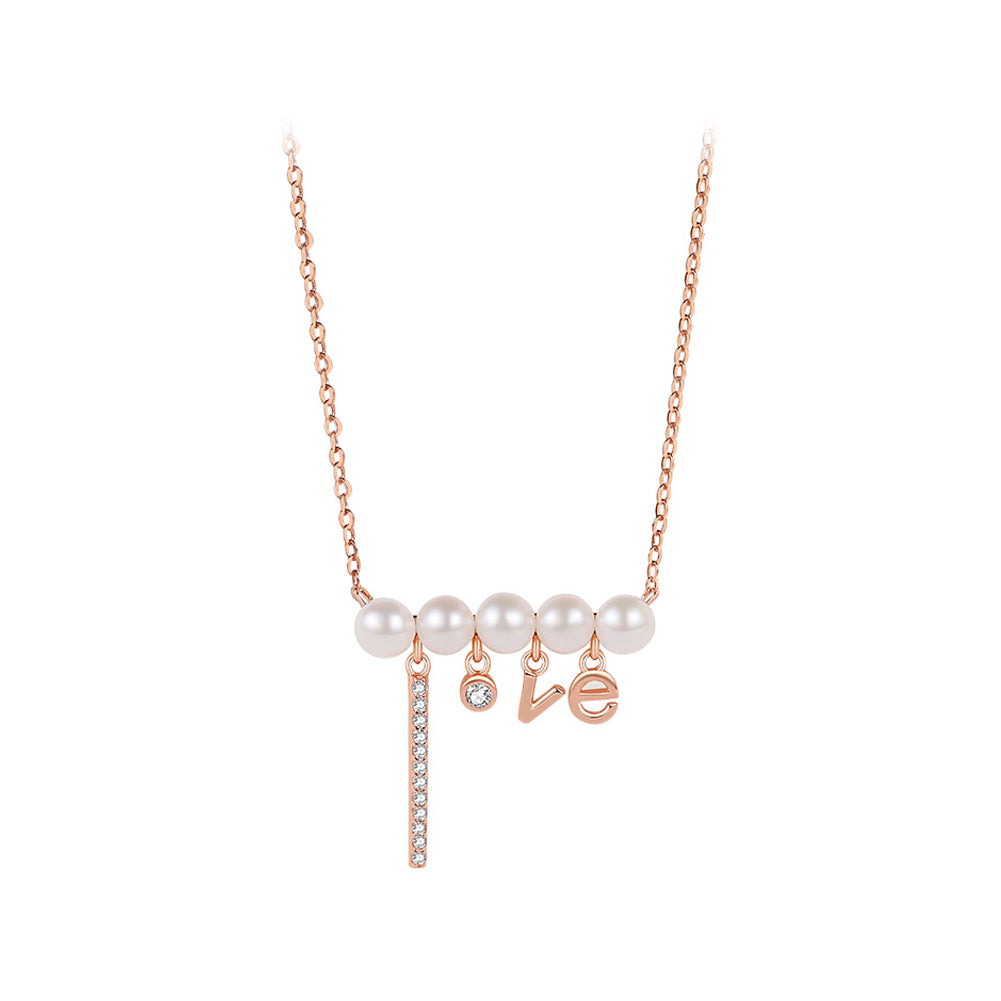 925 Sterling Silver Plated Rose Gold Elegant Romantic Love Imitation Pearl Pendant with Cubic Zirconia and Necklace