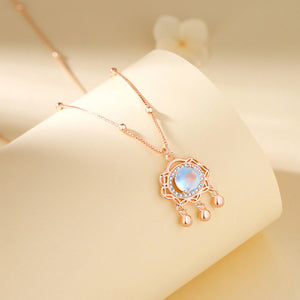 925 Sterling Silver Plated Rose Gold Fashion Vintage Coin Ruyi Lock Moonstone Pendant with Cubic Zirconia and Necklace