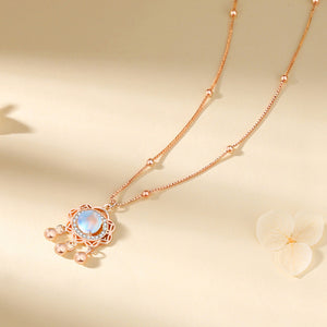 925 Sterling Silver Plated Rose Gold Fashion Vintage Coin Ruyi Lock Moonstone Pendant with Cubic Zirconia and Necklace