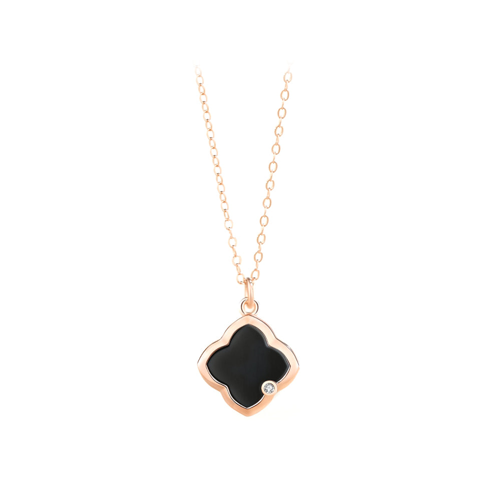 925 Sterling Silver Plated Rose Gold Simple Fashion Four-leaved Clover Black Imitation Agate Pendant with Cubic Zirconia and Necklace