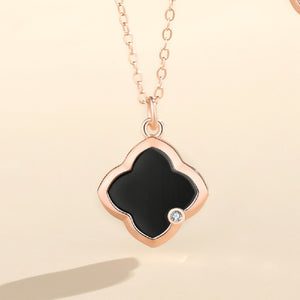 925 Sterling Silver Plated Rose Gold Simple Fashion Four-leaved Clover Black Imitation Agate Pendant with Cubic Zirconia and Necklace