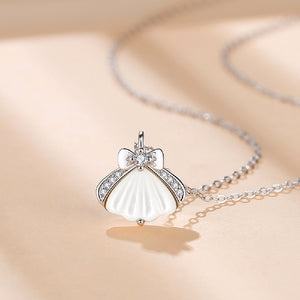 925 Sterling Silver Fashion Sweet Ribbon Shell Mother-of-Pearl Pendant with Cubic Zirconia and Necklace