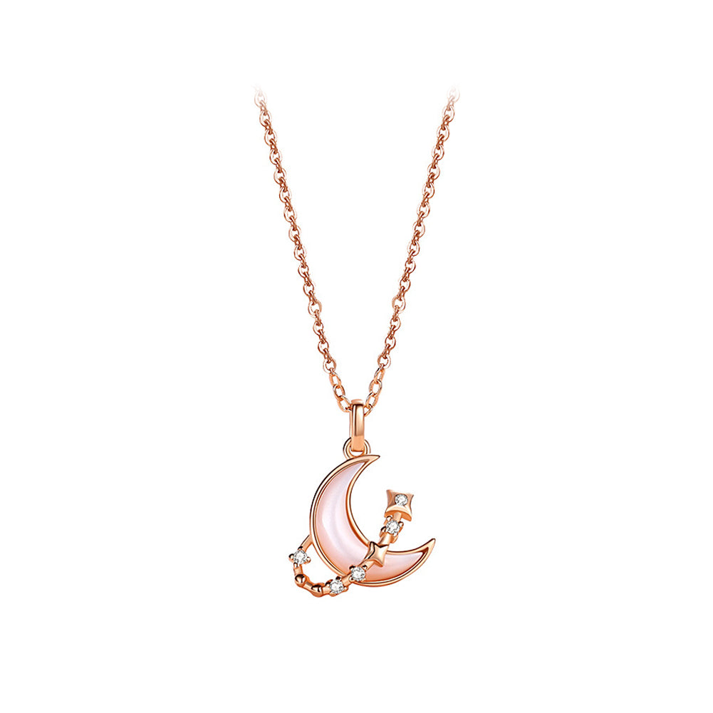 925 Sterling Silver Plated Rose Gold Fashion Temperament Moon Mother-of-pearl Star Pendant with Cubic Zirconia and Necklace