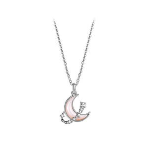 925 Sterling Silver Fashion Temperament Moon Mother-of-pearl Star Pendant with Cubic Zirconia and Necklace