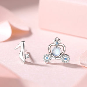 925 Sterling Silver Fashion Creative Crystal Shoes Pumpkin Car Moonstone Asymmetrical Stud Earrings with Cubic Zirconia