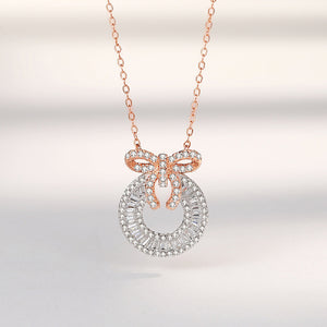 925 Sterling Silver Plated Rose Gold Simple Sweet Ribbon Wreath Pendant with Cubic Zirconia and Necklace