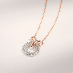 925 Sterling Silver Plated Rose Gold Simple Sweet Ribbon Wreath Pendant with Cubic Zirconia and Necklace