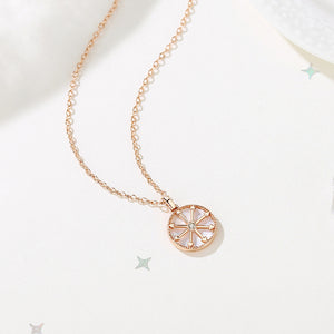 925 Sterling Silver Plated Rose Gold Fashion Creative Compass Geometric Round Mother-of-Pearl Pendant with Cubic Zirconia and Necklace