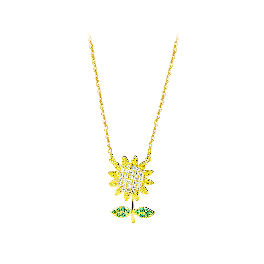 925 Sterling Silver Plated Gold Fashion Temperament Sunflower Pendant with Cubic Zirconia and Necklace