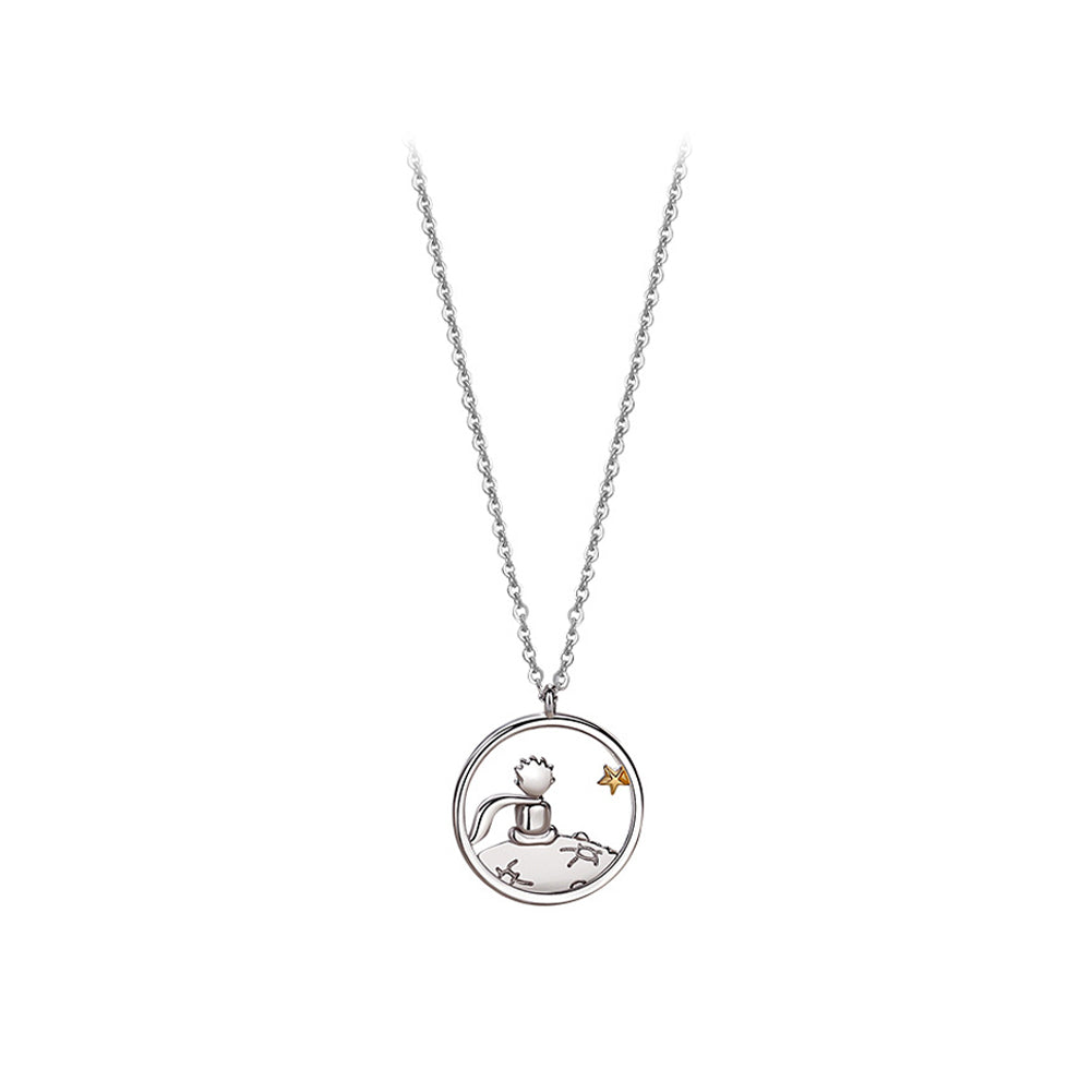 925 Sterling Silver Fashion Creative Little Prince Hollow Planet Geometric Round Pendant with Necklace