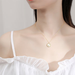 925 Sterling Silver Plated Gold Fashion Vintage Rabbit Flower Mother-of-pearl Pendant with Cubic Zirconia and Necklace