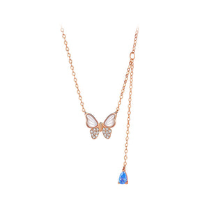 925 Sterling Silver Plated Rose Gold Simple and Elegant Butterfly Mother-of-pearl Tassel Pendant with Cubic Zirconia and Necklace