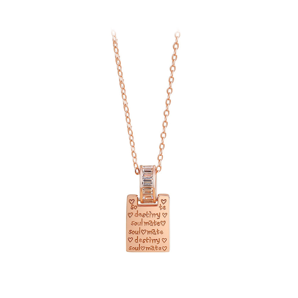 925 Sterling Silver Plated Rose Gold Simple Fashion English Alphabet Geometric Square Pendant with Cubic Zirconia and Necklace